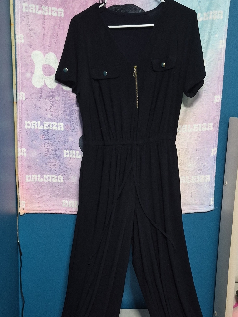 Emma & Michele Black Short-Sleeve Jumpsuit with Front Zip